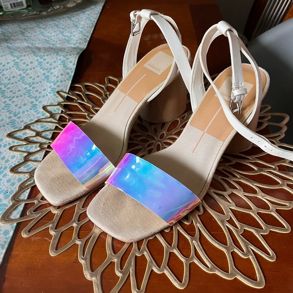 Dolce Vita White and Iridescent Block Heel Sandals